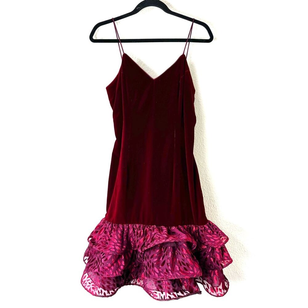 Vintage 80s Morgan Taylor Burgundy Velour Ruffled Dress Size 4